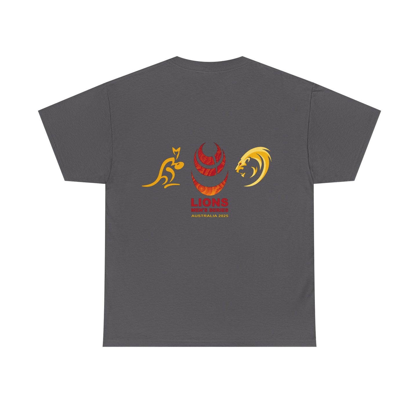Sport-Inspired Unisex Heavy Cotton Tee with Lions Rugby Tour 2025 with Lion's & Wallabies Crests (UK Distributor)