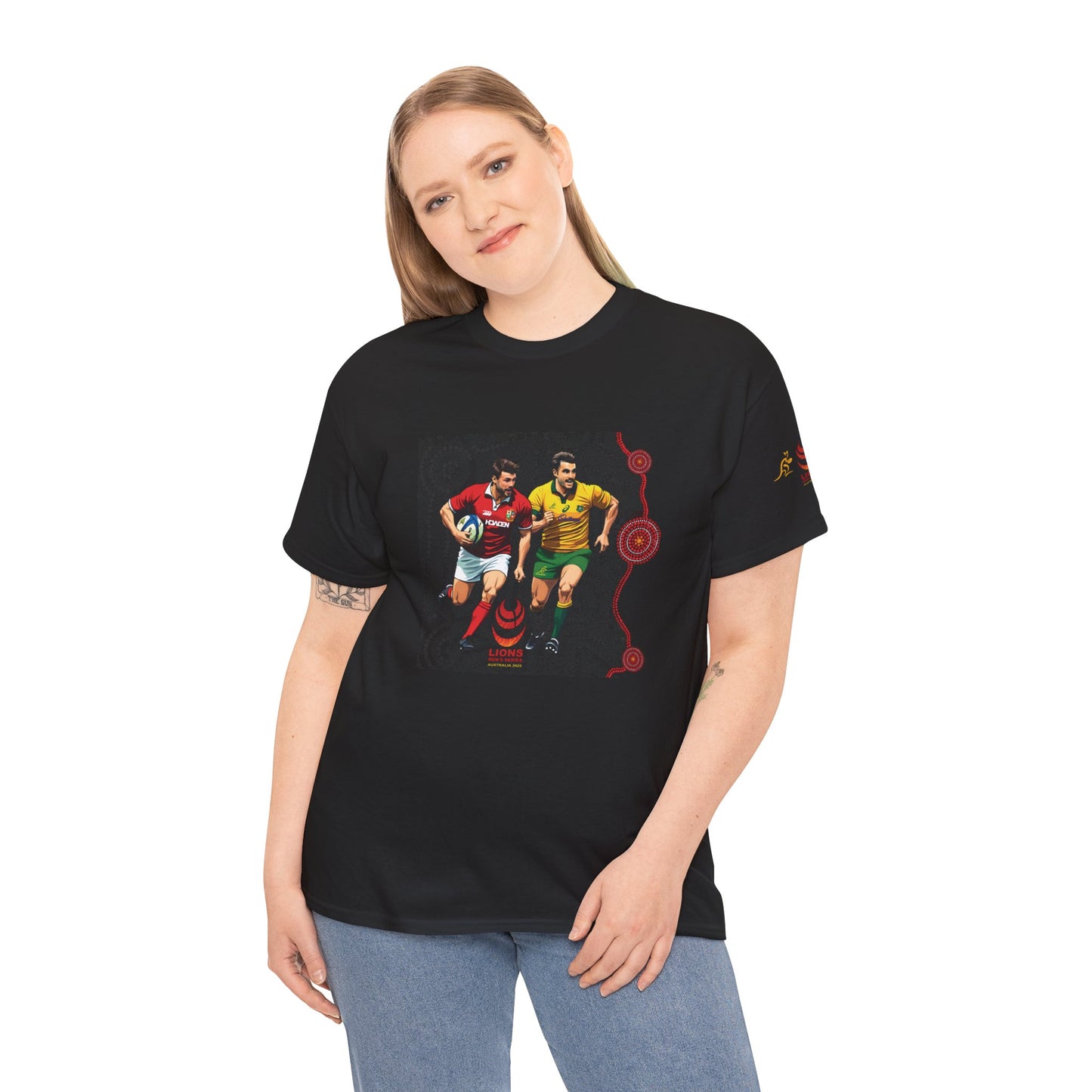 Sport-Inspired Unisex Heavy Cotton Tee with Lions Rugby Tour 2025 & Indigenous Australian Art (Made In-house)