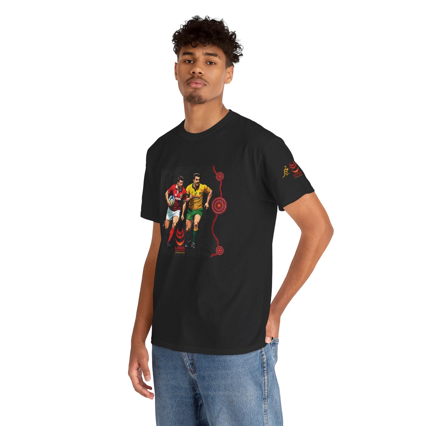 Sport-Inspired Unisex Heavy Cotton Tee with Lions Rugby Tour 2025 & Indigenous Australian Art (Made In-house)