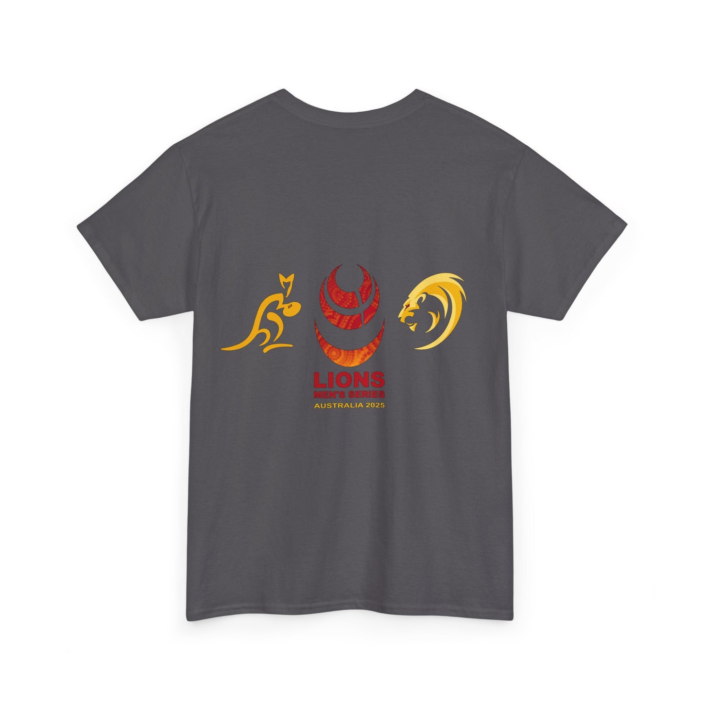 Sport-Inspired Unisex Heavy Cotton Tee with Lions Rugby Tour 2025 with Lion's & Wallabies Crests (UK Distributor)