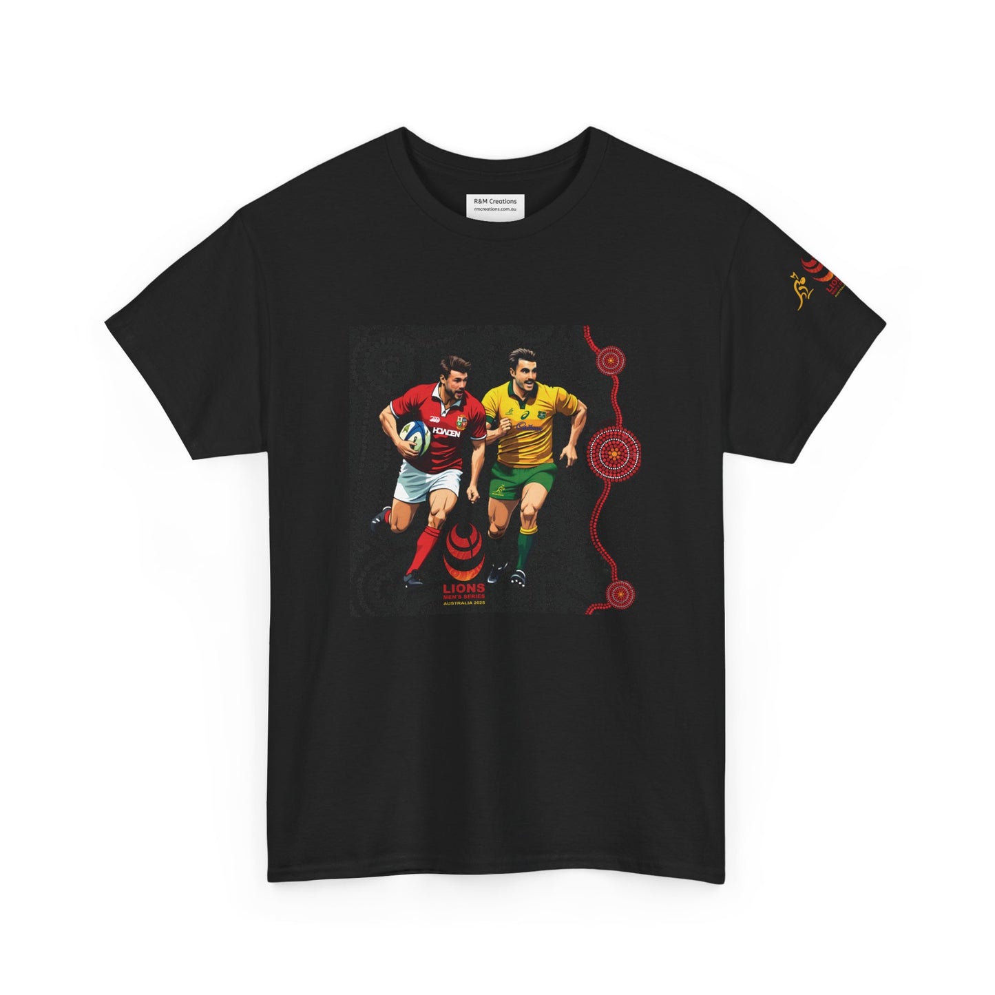 Sport-Inspired Unisex Heavy Cotton Tee with Lions Rugby Tour 2025 & Indigenous Australian Art (Made In-house)