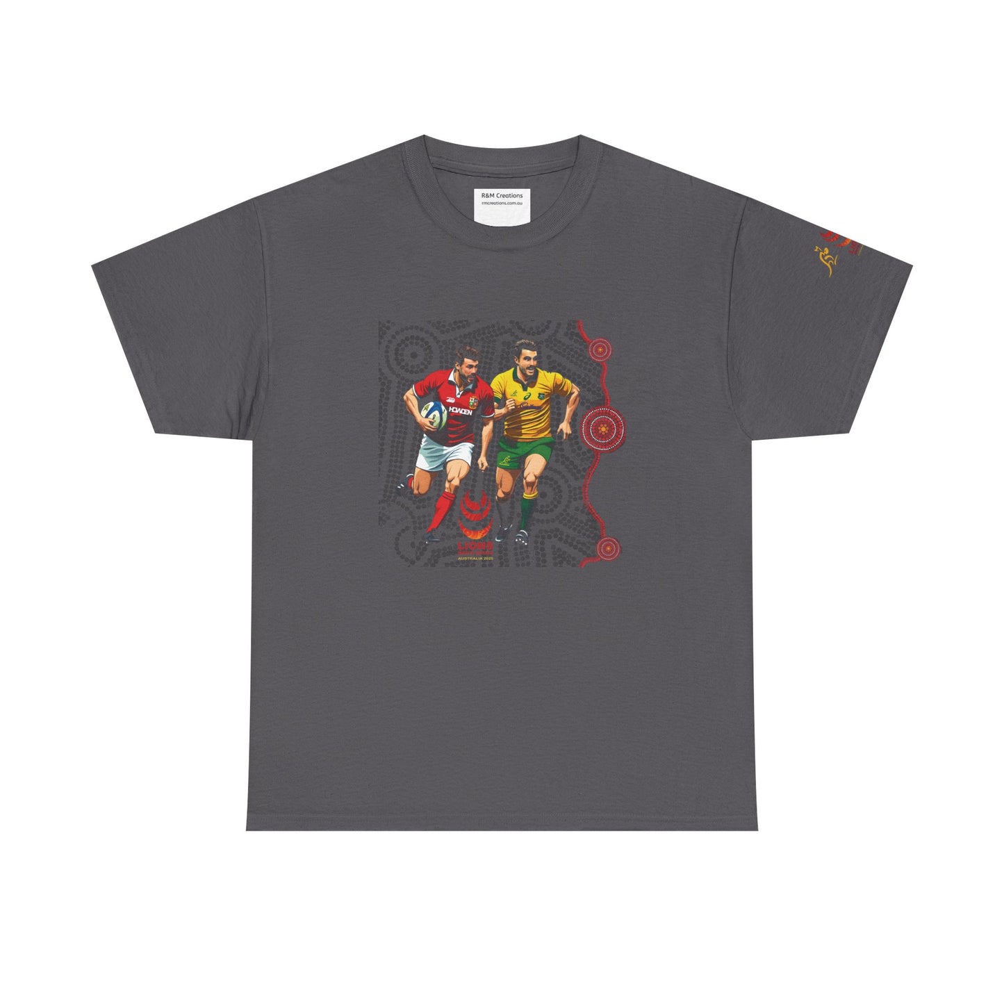 Sport-Inspired Unisex Heavy Cotton Tee with Lions Rugby Tour 2025 & Indigenous Australian Art (Made In-house)