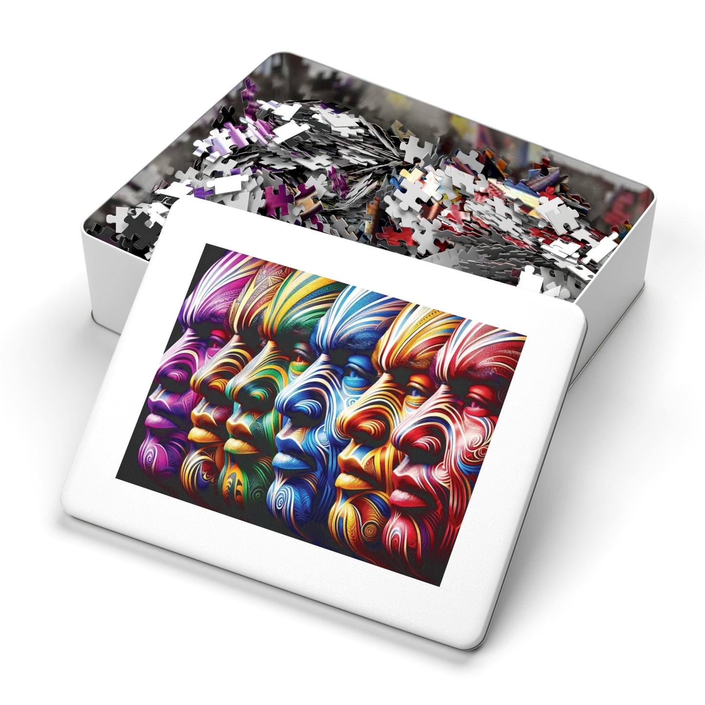 Colourful Tribal Faces Jigsaw Puzzle — Puzzle with Tin Case