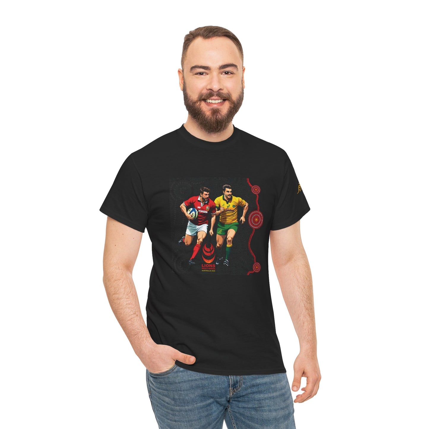 Sport-Inspired Unisex Heavy Cotton Tee with Lions Rugby Tour 2025 & Indigenous Australian Art (Made In-house)
