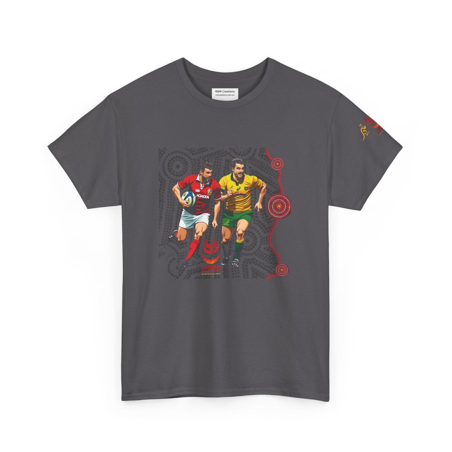 Sport-Inspired Unisex Heavy Cotton Tee with Lions Rugby Tour 2025 & Indigenous Australian Art (Made In-house)