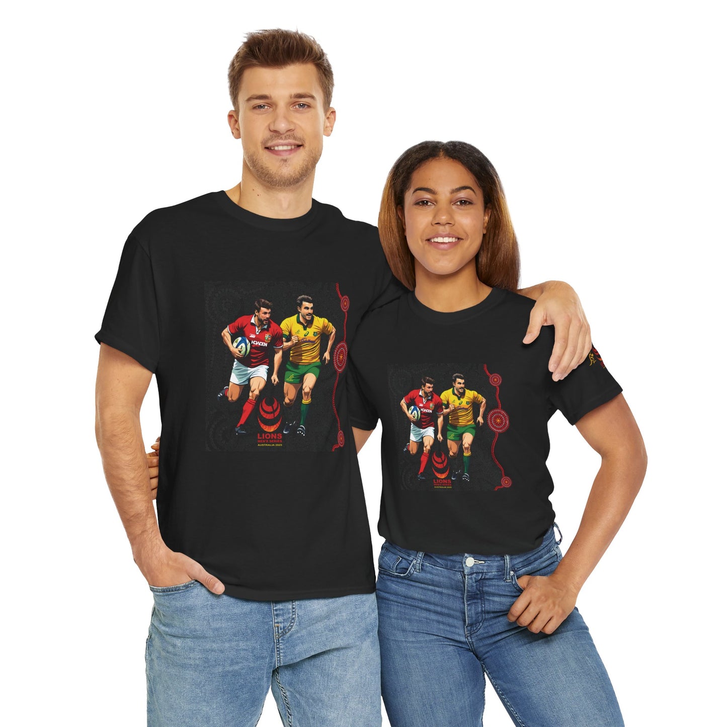 Sport-Inspired Unisex Heavy Cotton Tee with Lions Rugby Tour 2025 & Indigenous Australian Art (Made In-house)