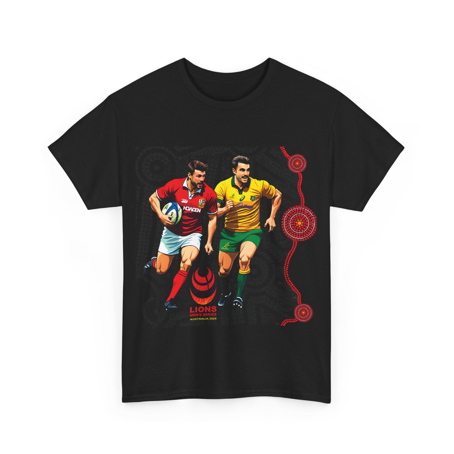 Sport-Inspired Unisex Heavy Cotton Tee with Lions Rugby Tour 2025 & Indigenous Australian Art (UK Distributor)