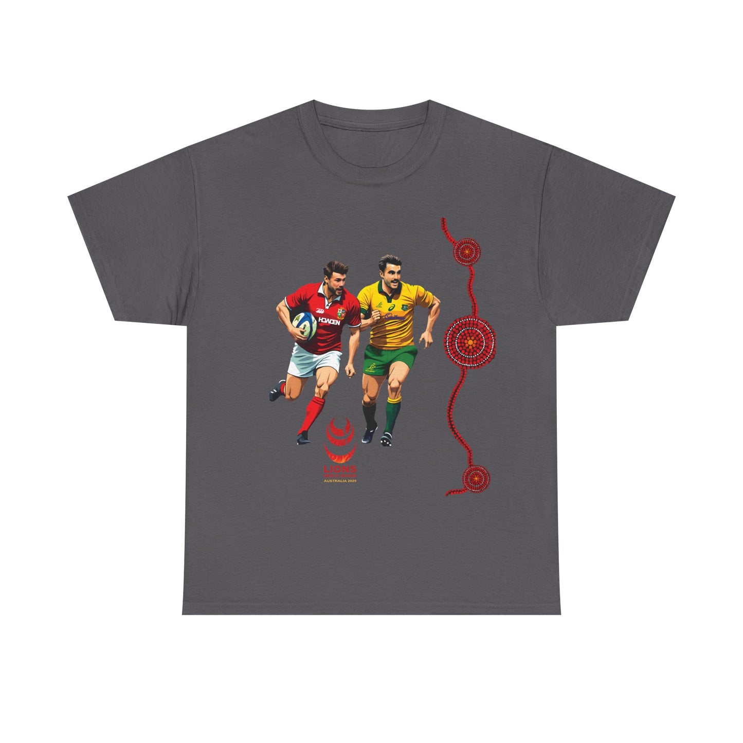 Sport-Inspired Unisex Heavy Cotton Tee with Lions Rugby Tour 2025 & Indigenous Australian Art (UK Distributor)