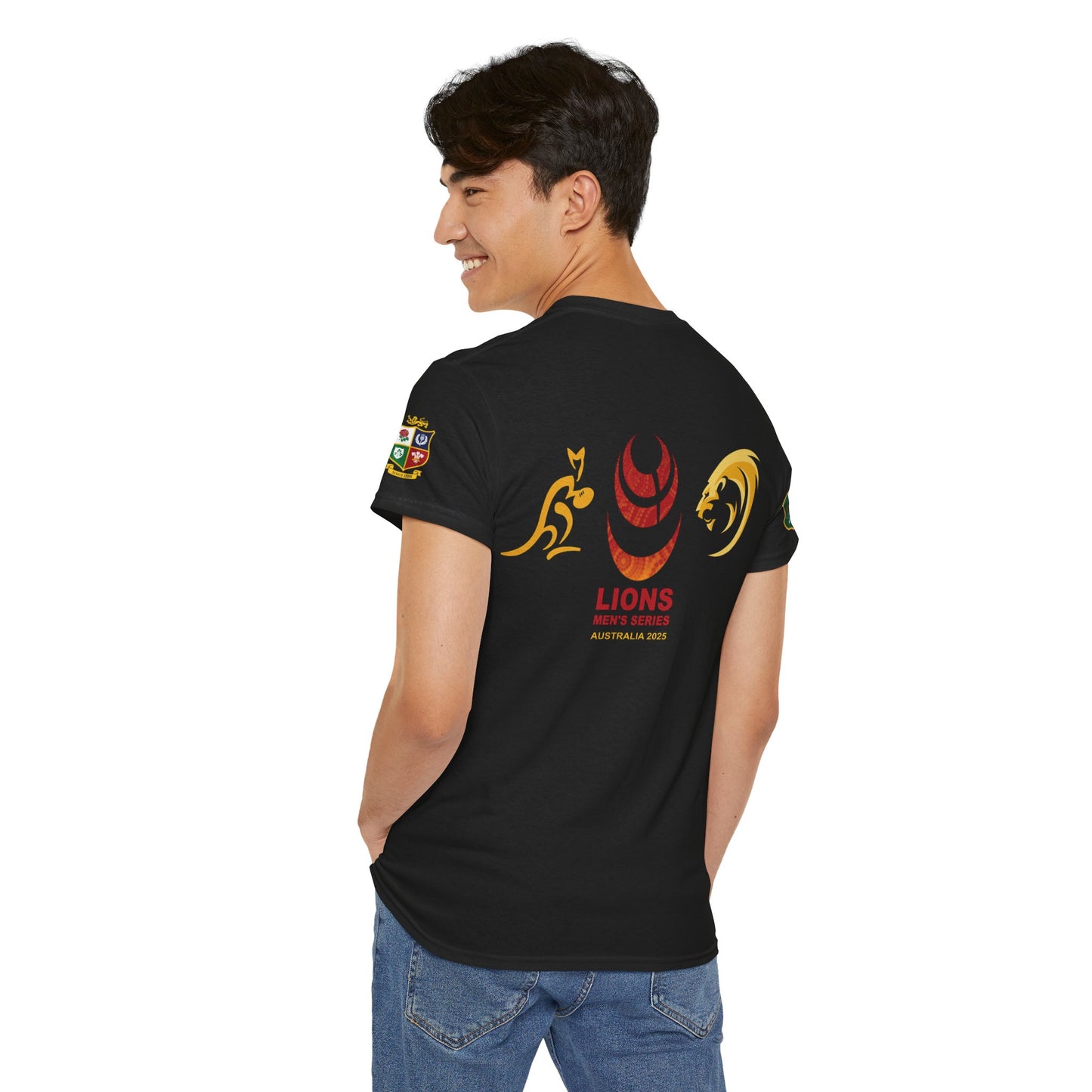 Sport-Inspired Unisex Heavy Cotton Tee with Lions Rugby Tour 2025 with Lion's & Wallabies Crests