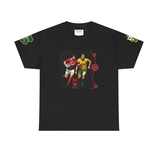 Sport-Inspired Unisex Heavy Cotton Tee with Lions Rugby Tour 2025 with Lion's & Wallabies Crests (Made In-house))