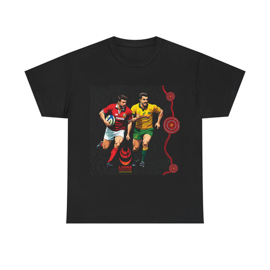 Sport-Inspired Unisex Heavy Cotton Tee with Lions Rugby Tour 2025 with Lion's & Wallabies Crests (UK Distributor)
