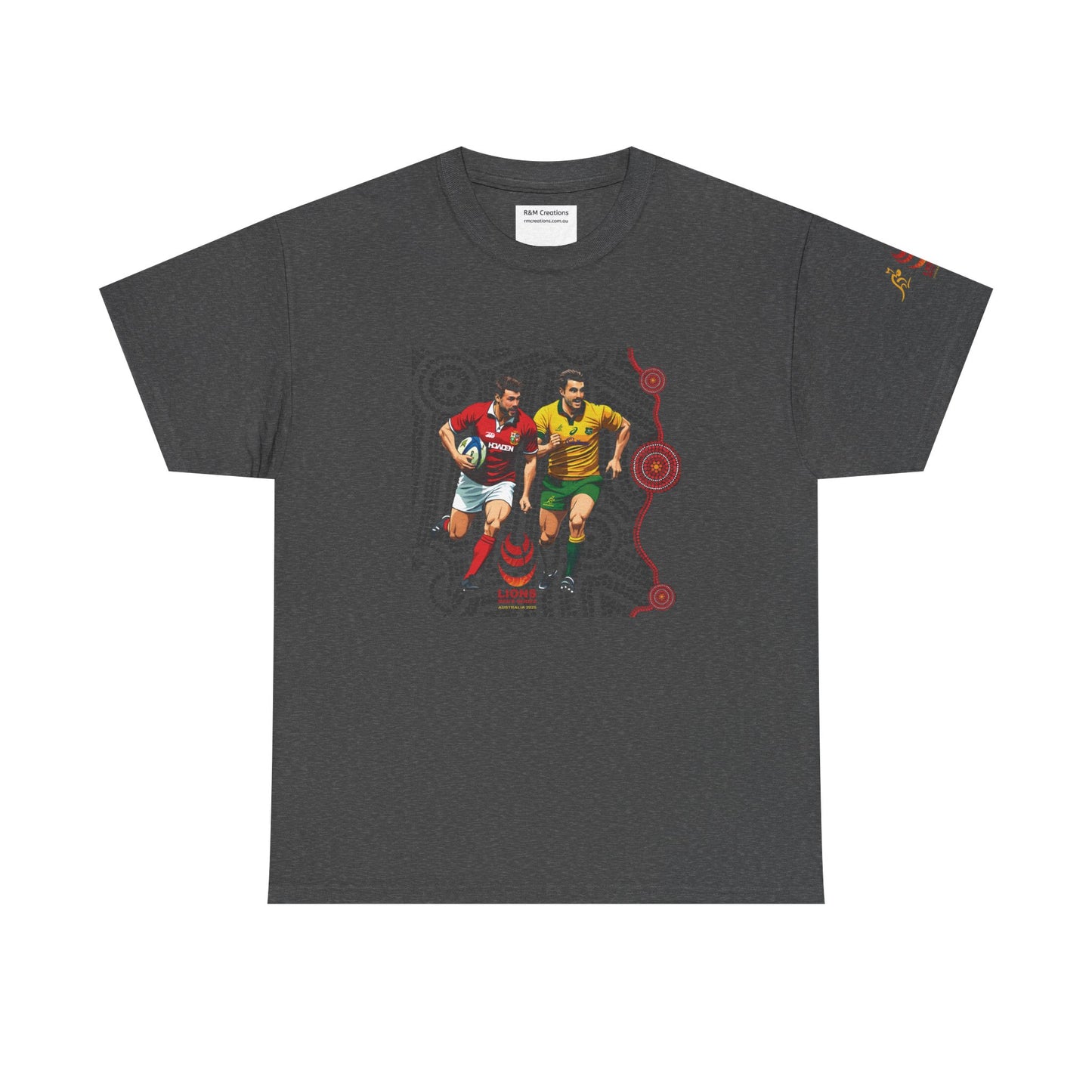 Sport-Inspired Unisex Heavy Cotton Tee with Lions Rugby Tour 2025 & Indigenous Australian Art