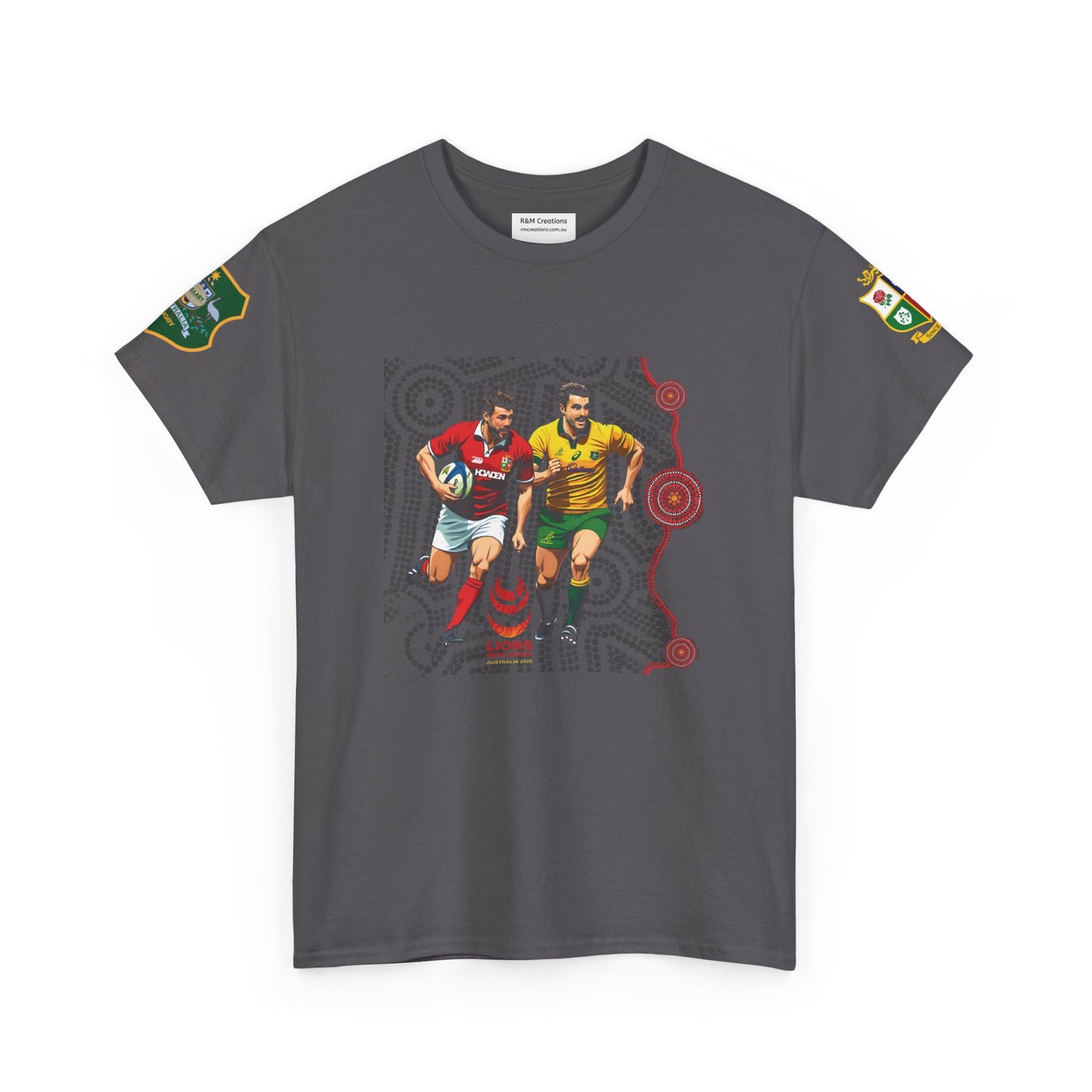 Sport-Inspired Unisex Heavy Cotton Tee with Lions Rugby Tour 2025 with Lion's & Wallabies Crests