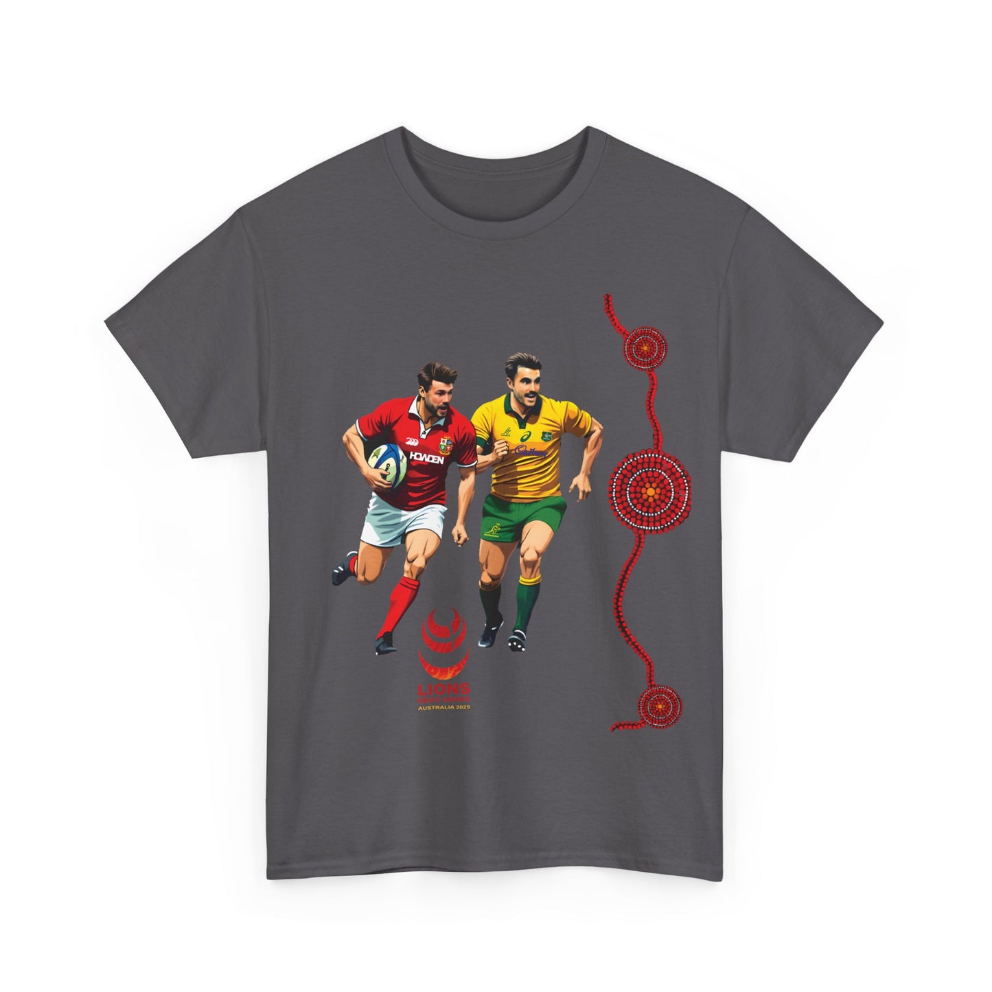 Sport-Inspired Unisex Heavy Cotton Tee with Lions Rugby Tour 2025 & Indigenous Australian Art (UK Distributor)