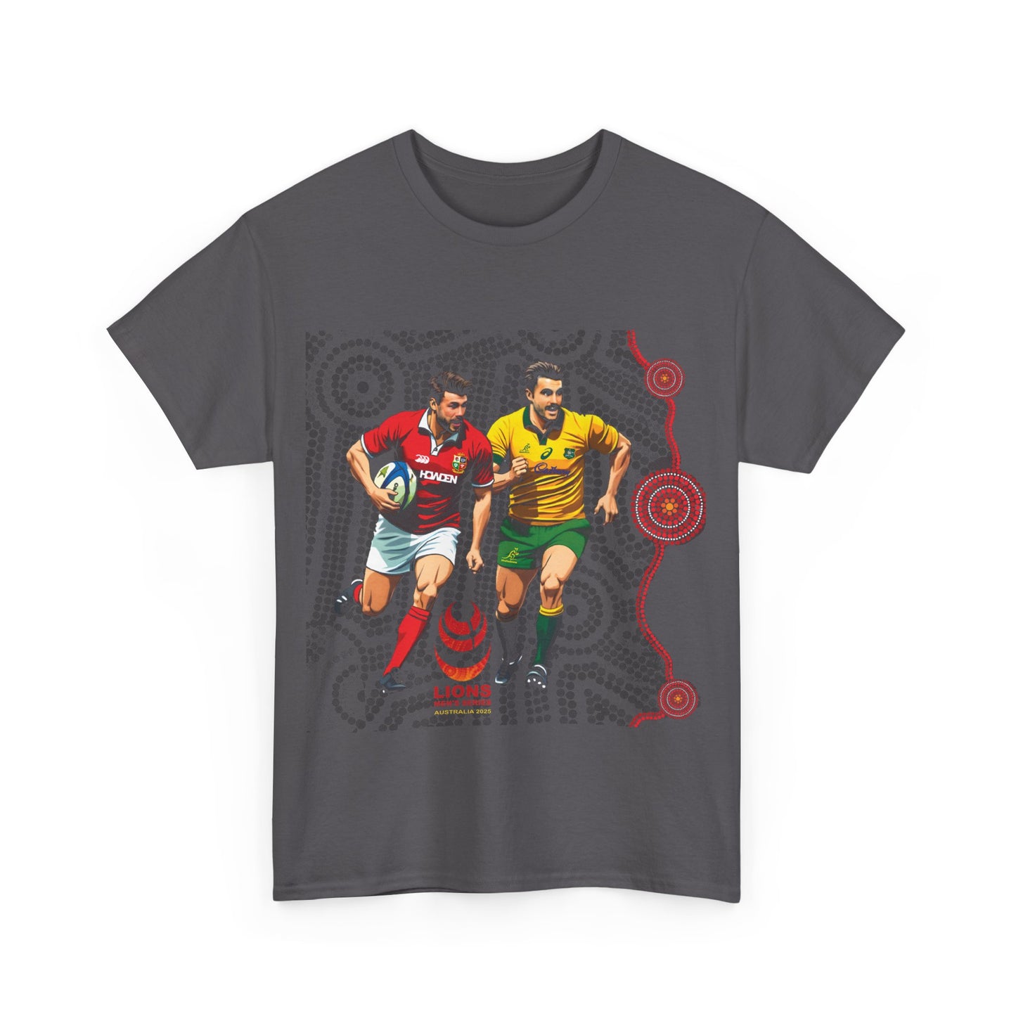 Sport-Inspired Unisex Heavy Cotton Tee with Lions Rugby Tour 2025 with Lion's & Wallabies Crests (UK Distributor)