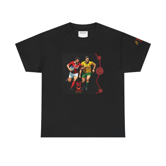 Sport-Inspired Unisex Heavy Cotton Tee with Lions Rugby Tour 2025 & Indigenous Australian Art (Made In-house)