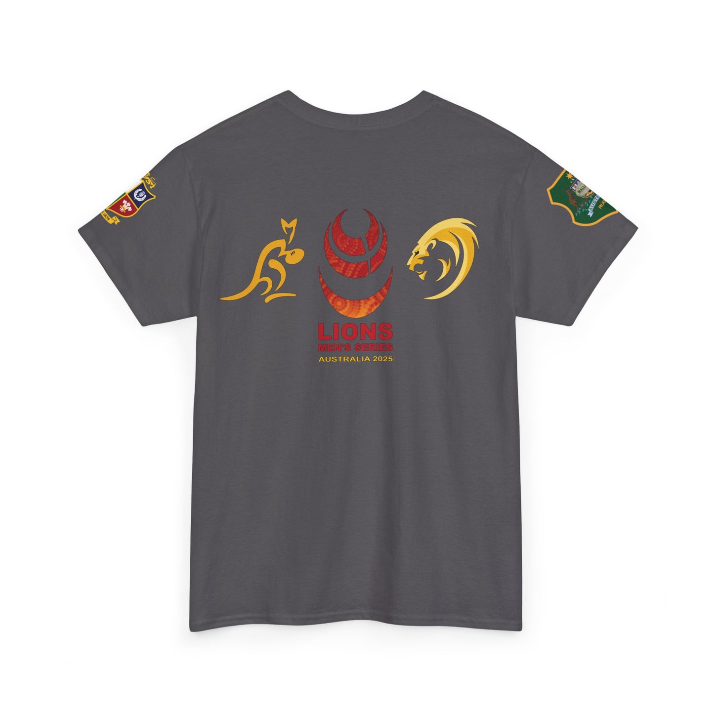 Sport-Inspired Unisex Heavy Cotton Tee with Lions Rugby Tour 2025 with Lion's & Wallabies Crests